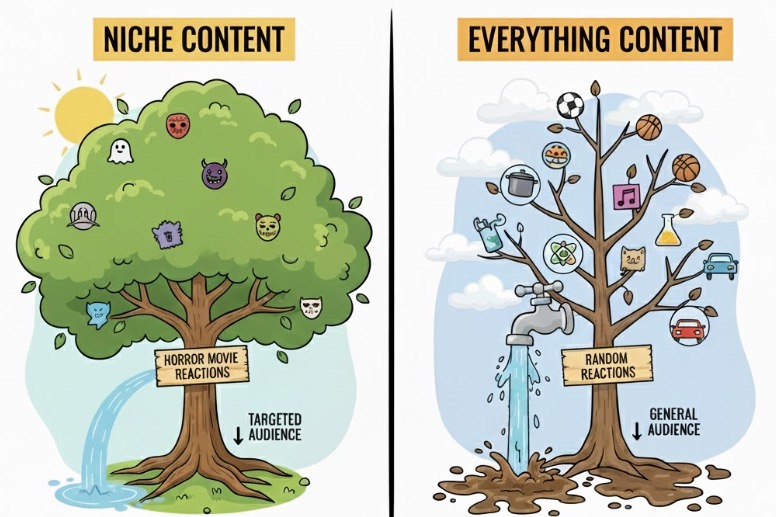 Visual comparison showing broad versus focused niches for YouTube reaction channels