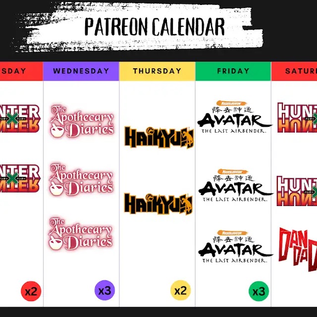 Example Patreon content schedule for a reaction channel showing early-access episodes and exclusive series for supporters