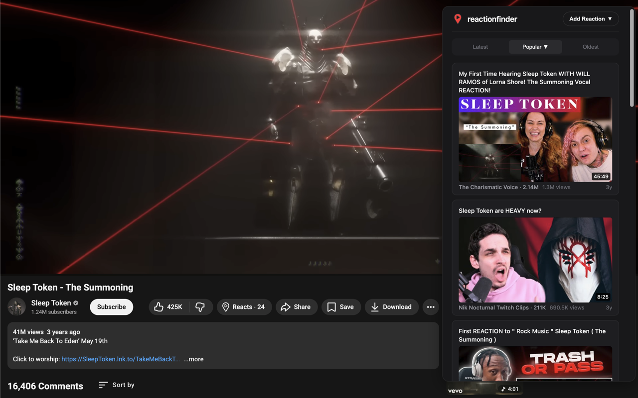 Reaction Finder Chrome extension panel listing reaction videos for the YouTube video you are watching