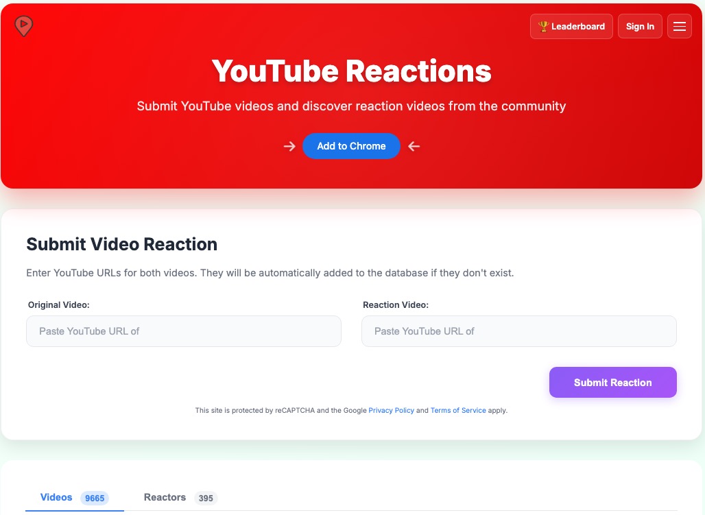 ReactionFinder website, representing a platform where creators can list their reaction videos for discovery by fans