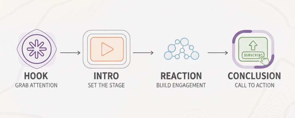 Diagram showing the recommended video structure for high-retention reaction videos including hook, introduction, reaction content, and conclusion