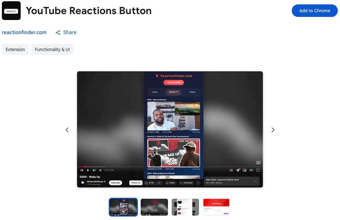 Screenshot of the YouTube Reactions Button Chrome extension used to discover existing reaction videos on YouTube