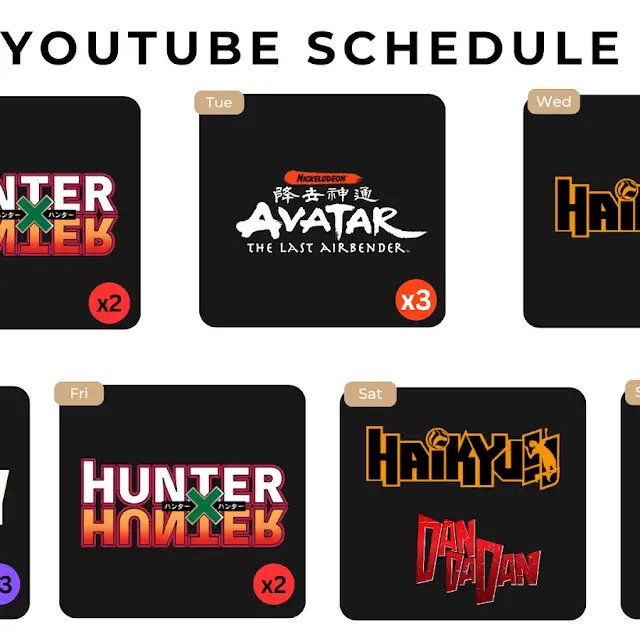 Example of a weekly YouTube upload schedule for a reaction channel showing consistent episode releases for series such as Hunter x Hunter, Avatar The Last Airbender, and Haikyuu